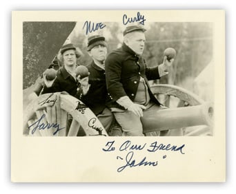 Moe Howard Signed & Inscribed Still From "Uncivil Warriors" (1935), JSA Authenticated