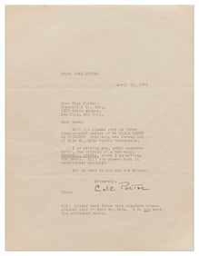 Cole Porter TLS to Publisher Re: New Song He Is Writing