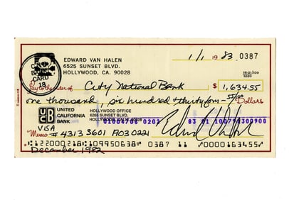 Eddie Van Halen Signed 1983 Check