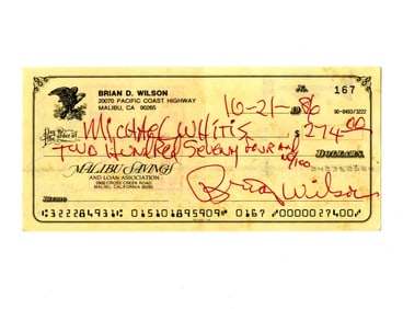 Brian Wilson Signed Malibu Check, 1986