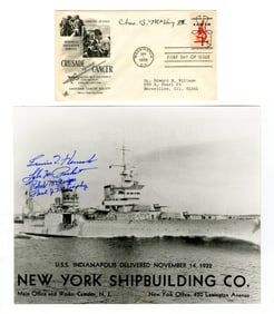USS Indianapolis Photo Signed by 4 Survivors w/ FDC Signed by Rear Adm. Charles McVay, Haunting
