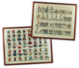19th C. Uncut French Transformation Playing Cards, Napoleonic Imagery: Jeu des Drapeaux & Jeu de