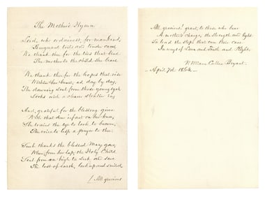 William Cullen Bryant's "A Mother's Hymn", Beautifully Penned and Signed