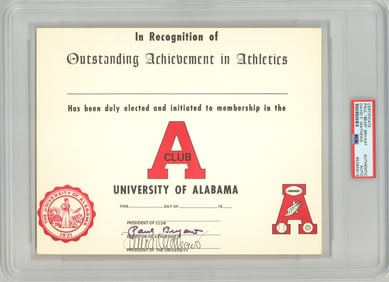 Bear Bryant Signed U of Alabama Sports Award, PSA/DNA Authenticated