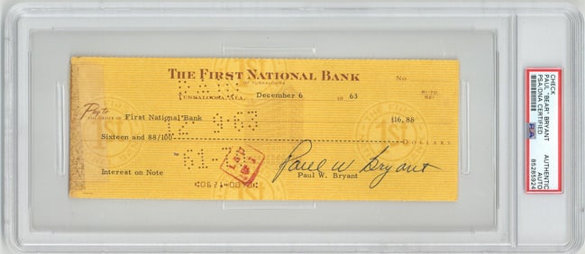 Bear Bryant 1963 Check with Great Signature! PSA/DNA