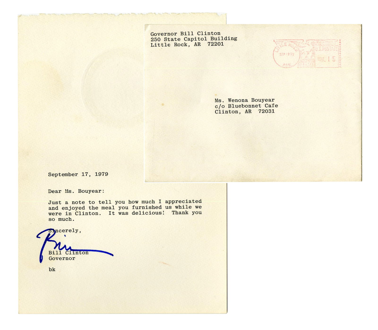 AZ Governor Bill Clinton Thank You Note to Restaurant "It was delicious!" (1 of 4)