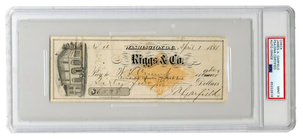James A. Garfield Signed Check as President, Only 1 of 2 Known PSA MINT 9, With Provenance from Son
