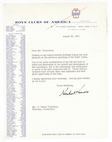 Herbert Hoover Thanks Boys' Clubs on His 87th Birthday