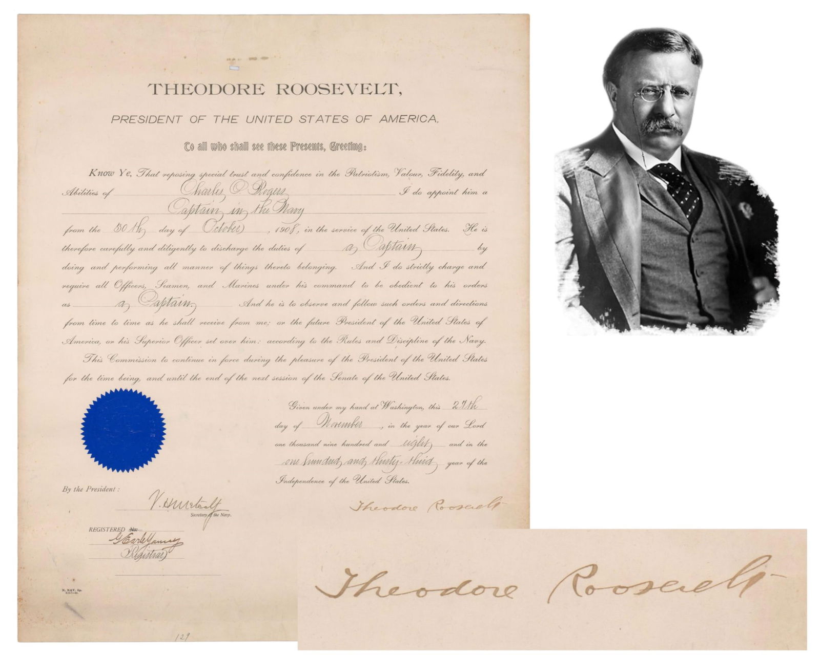 Theodore Roosevelt Signed Naval Appointment, A Fine Example! (1 of 4)