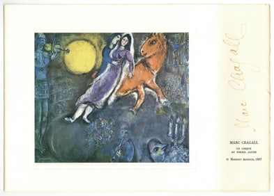 Marc Chagall Wonderful Signed Card of His Work "Le Cirque au Soleil Jaune"