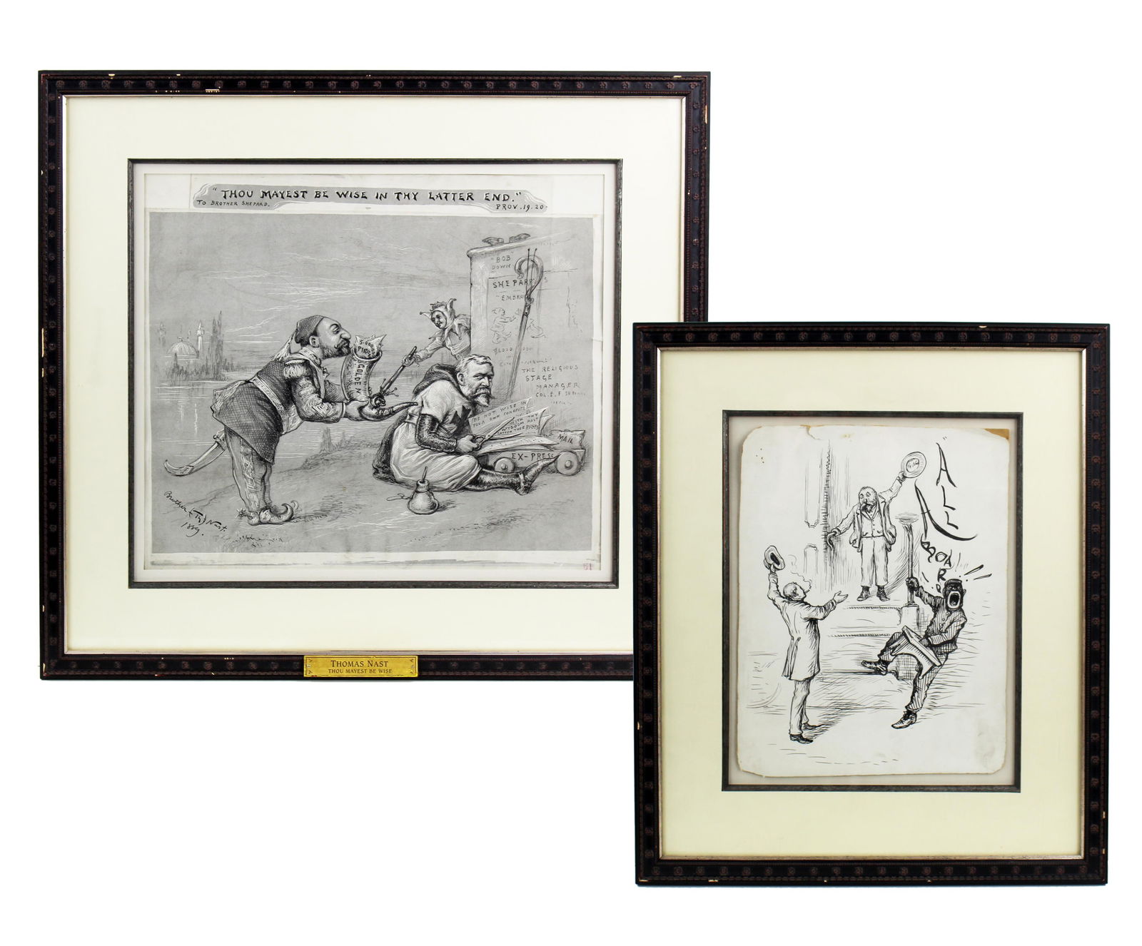 Pair of Thomas Nast Pen & Ink Social and Political Illustrations: Thomas Nast n.p., ca. 1889 Pair of Thomas Nast Pen & Ink Social and Political Illustrations Art A pair of signed Thomas Nast framed illustrations entitled "Thou Mayest be Wise in Thy Latter End" a