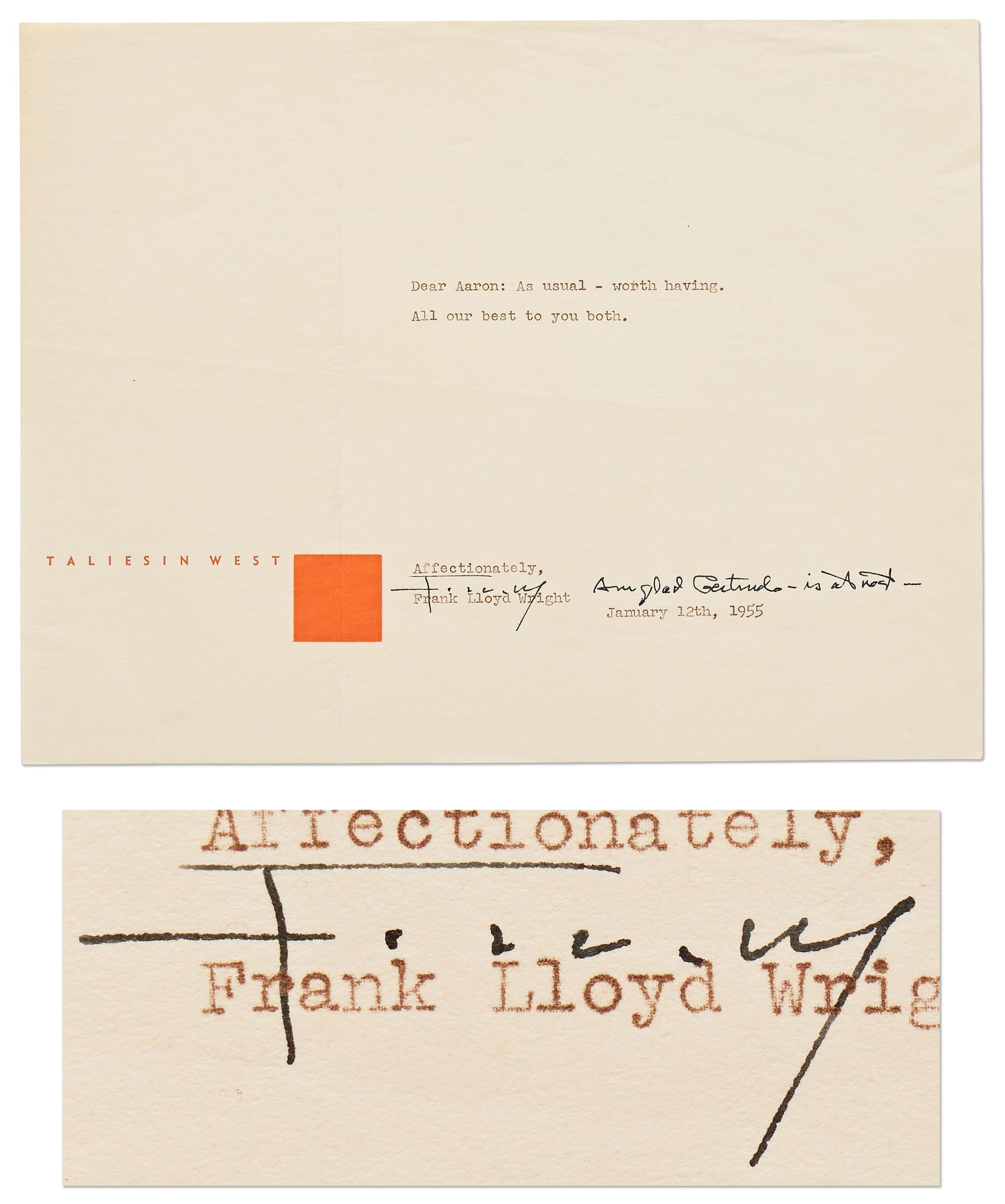 Frank Lloyd Wright TLS With Handwritten Postscript Plus More (1 of 4)