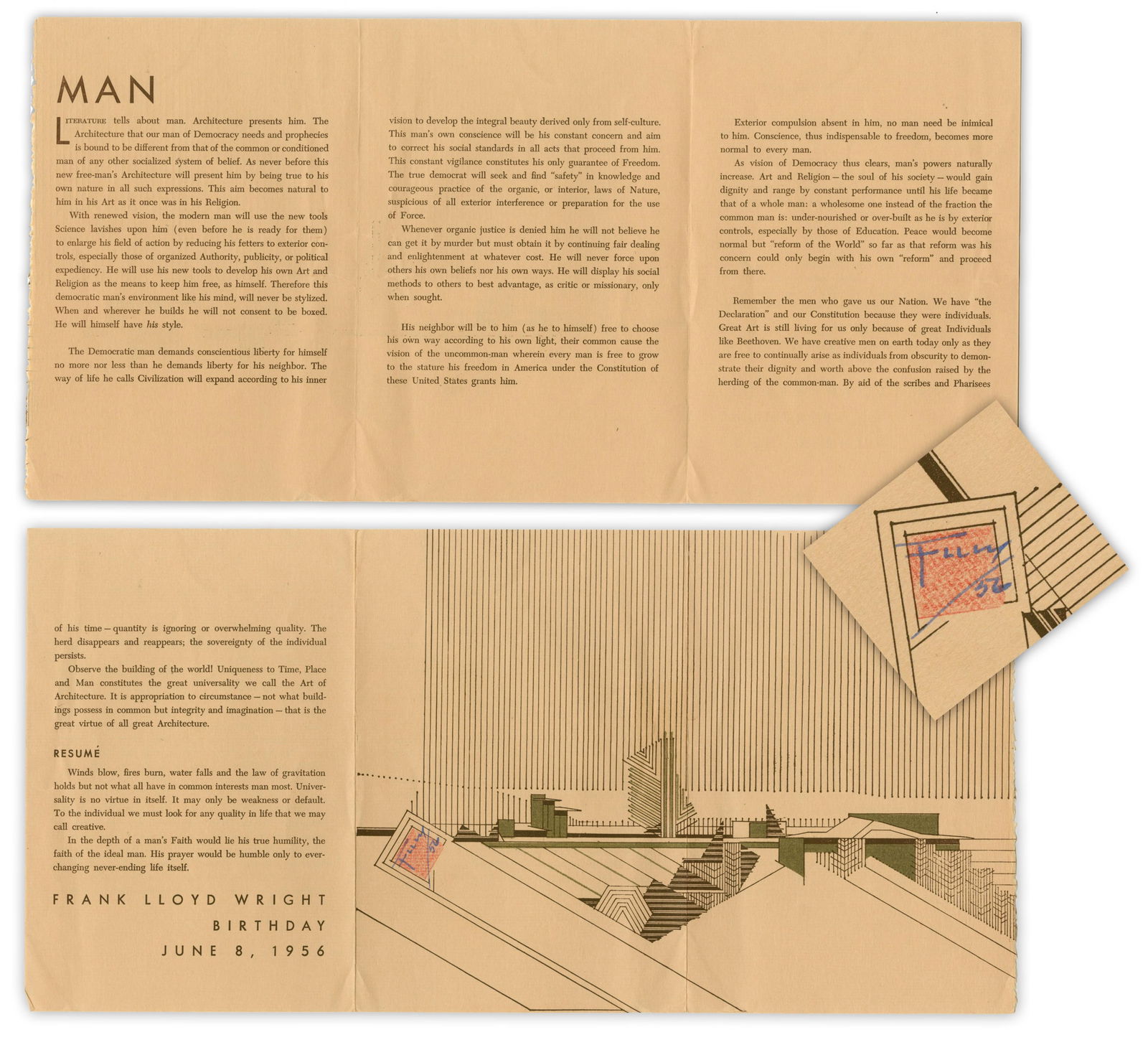 Frank Lloyd Wright Signed Architectural Print on his 89th Birthday Pamphlet (1 of 4)