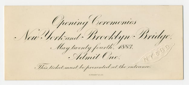 Tiffany & Co. Brooklyn Bridge Opening Ceremonies Ticket, Near Pristine