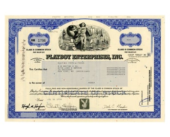 1990 Playboy Stock Certificate, Near Fine!