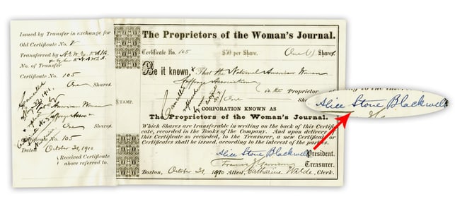 NAWSA Buys Stock in The Woman's Journal, Signed by A. Stone Blackwell!