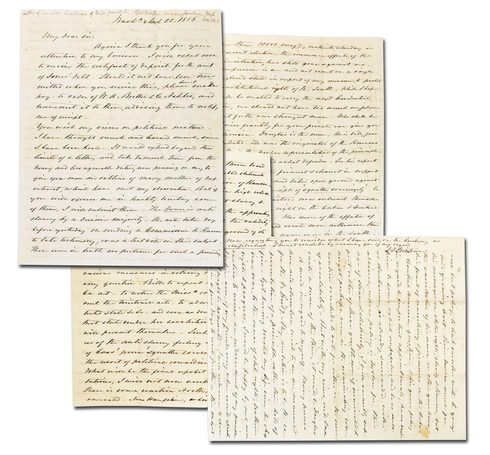 Incredible Slavery, Kansas, Nebraska Content Letter by Sen. Quitman: John A. Quitman Washington, DC, March 22, 1856 Incredible Slavery, Kansas, Nebraska Content Letter by Sen. Quitman ALS John Anthony Quitman (1798-1858). Autograph Letter Signed, "JA Quitman", 4pp bifo