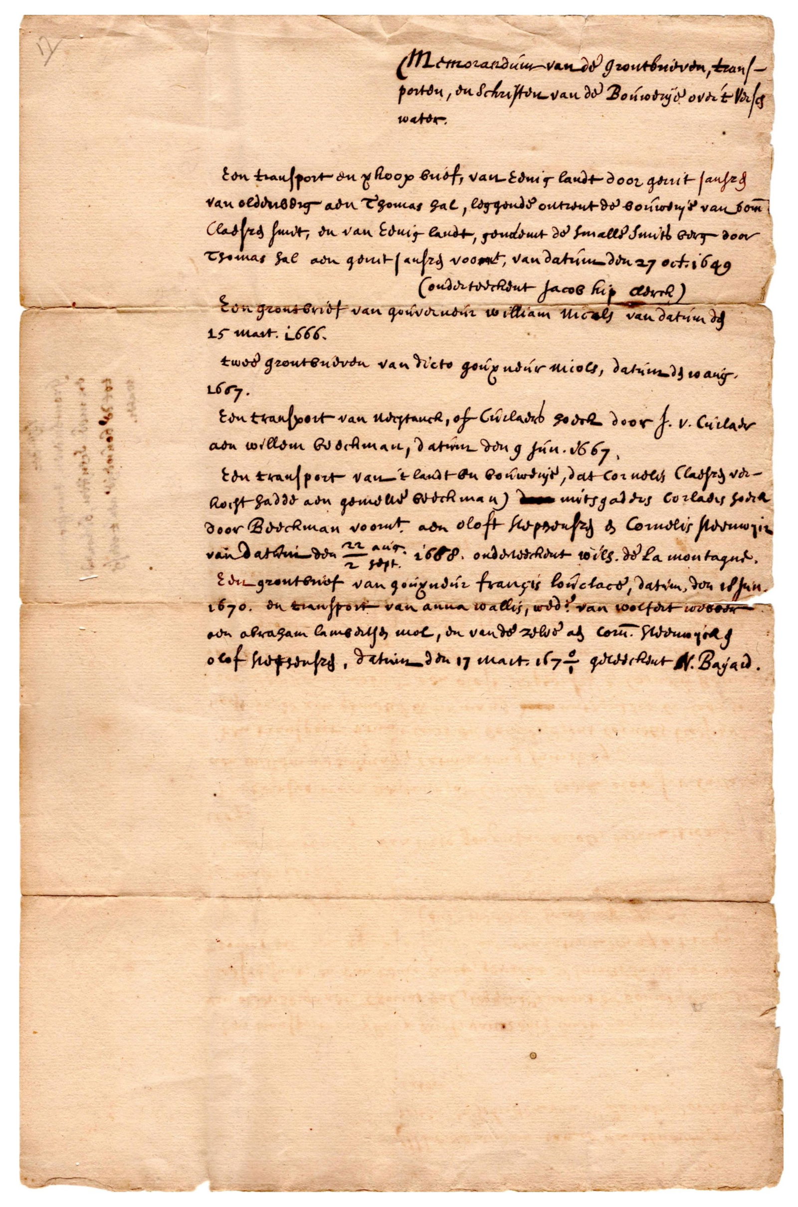 Dutch Clerk and Future Mayor of Colonial New York City Nicholas Bayard Memorandum (1 of 3)