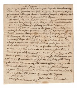 John Hancock 1775 Military Commission, Secretarially Signed as President of Continental Congress