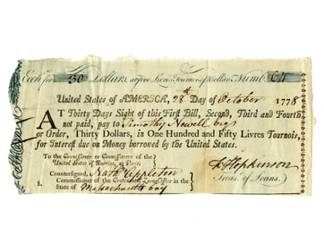 Francis Hopkinson Rev. War Dated Bill of Exchange Made Out to Timothy Newell