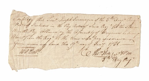 Rare 1781 Revolutionary War 8th Virginia Regiment Pay Certificate