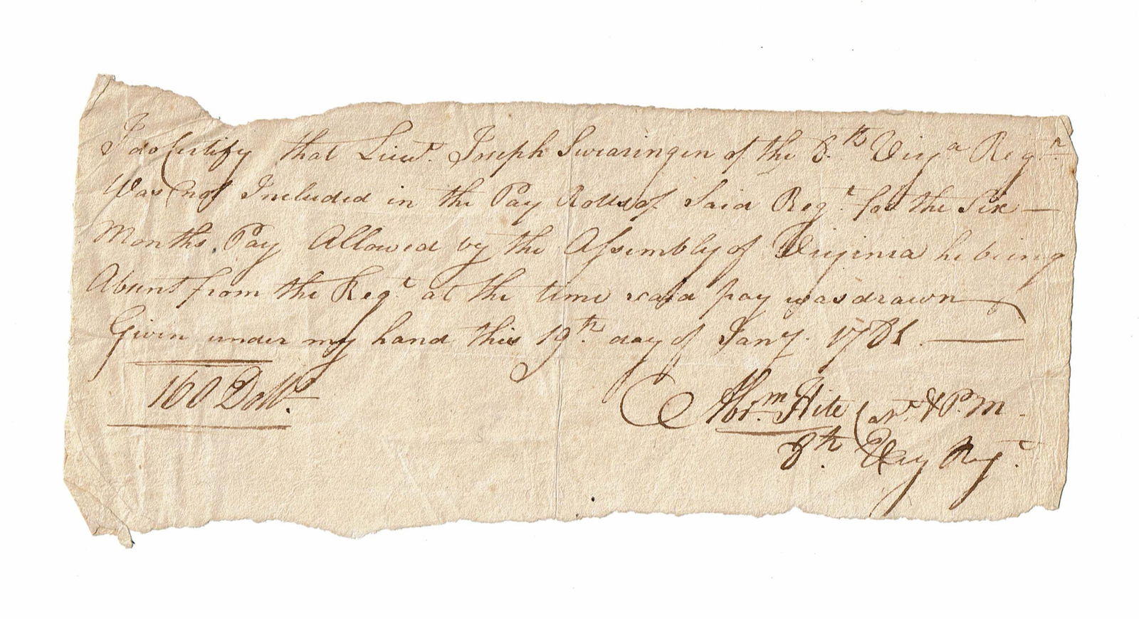 Rare 1781 Revolutionary War 8th Virginia Regiment Pay Certificate (1 of 1)