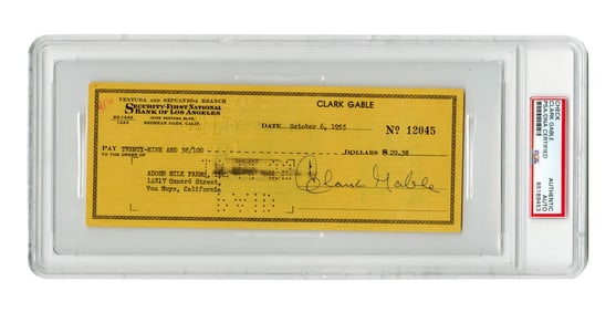 Clark Gable Boldly Signed Personal Check, PSA Authenticated