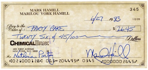 Mark Hamill Signed Check for Son's Birthday Cake!