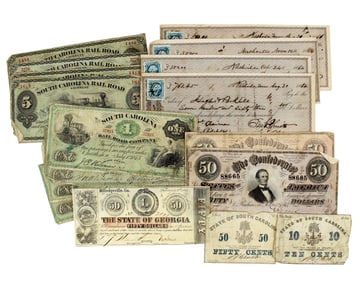 13 Southern & CSA Currency Notes, Some War-Dated, With Bonus Checks