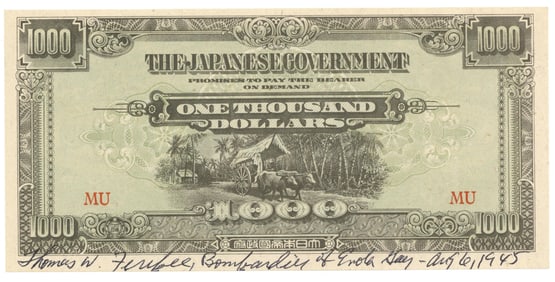 Tom Ferebee Signed Japanese 1000 Yen Occupation Bill, Adding Enola Gay Mission Date