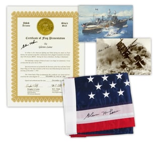 Pearl Harbor Survivor Glenn H. Lane (3) Signed Items & Presentation Flag