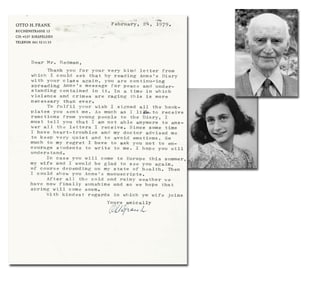 Otto Frank TLS: "reading Anne's Diary...spreading Anne's message for peace and understanding"