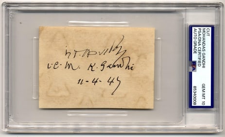 Mohandas Gandhi 2x Signed Cut in Hindi & English! PSA Gem Mint 10, A True Rarity, Finest Known!