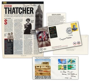3 Thatcher-Era Autographs: 2 Margaret Thatcher & 1 Rex Hunt, With Great Falklands War & Chunnel