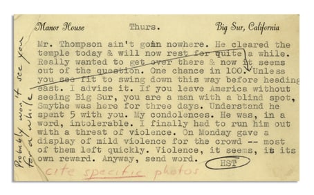 Hunter Thompson Hand Annotated Typed Letter, "...gave a display of mild violence for the crowd..."