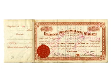 Thomas Edison Signed Edison Phonograph Works Stock Certificate