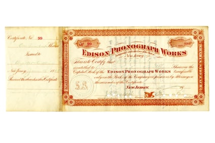 Thomas Edison Signed Edison Phonograph Works Stock Certificate