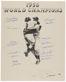Yogi, Whitey, Rizzuto, Larsen and 13 More Sign Yankees 1956 WS Champs Lithograph! PSA Authentication