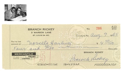 Branch Rickey Signed Check - Written Just Four Months Before His Death