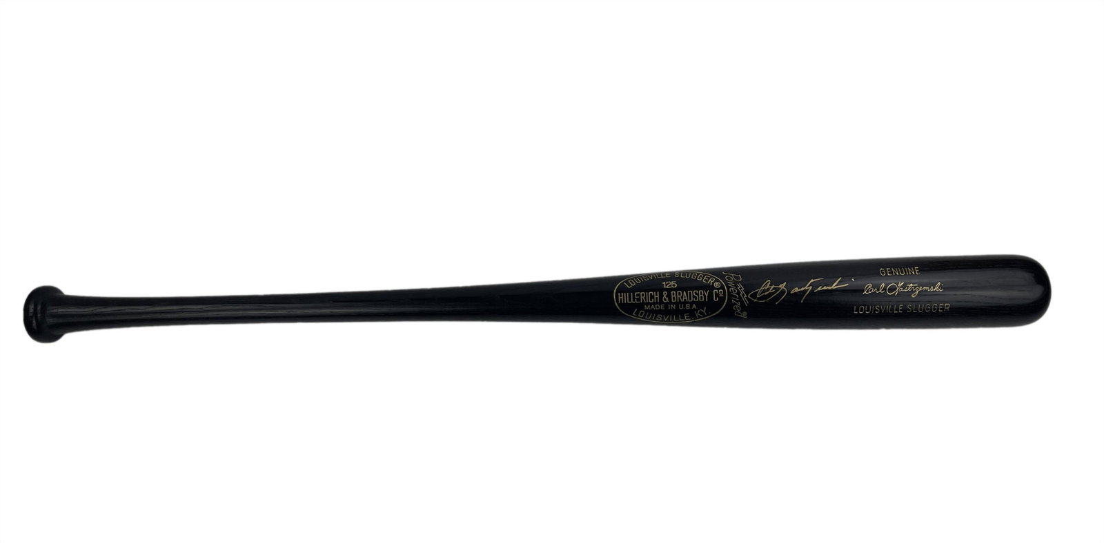 Yaz Signed "Carl Yastrzemski" Louisville Slugger Bat: Carl Yastrzemski n.p., n.d. Yaz Signed "Carl Yastrzemski" Louisville Slugger Bat Signed Other A black Louisville Slugger "Carl Yastrzemski"-branded bat, boldly signed by Yaz in gold ink. In fine condi