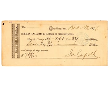 James Garfield Signed Sgt. at Arms Check, A Stunning Example!