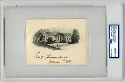 Benjamin Harrison Executive Mansion Engraving Signed as President, PSA/DNA GEM MT 10!