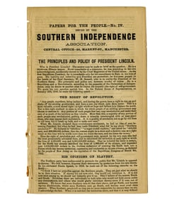 Mancunian Anti-Lincoln Pamphlet Supporting the Confederacy and Cotton Trade