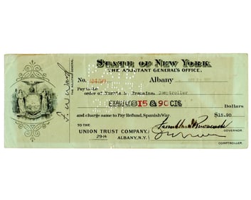 FDR Signed Check for Reimbursement Related to Spanish-American War!
