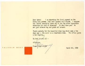 Frank Lloyd Wright Orders a Rug to "Dignify" His Office, with Original Yarn Samples