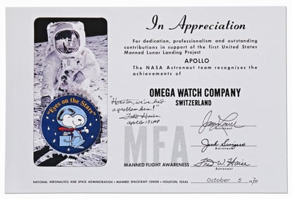 Fred Haise Signed Snoopy Certificate Awarded to Omega
