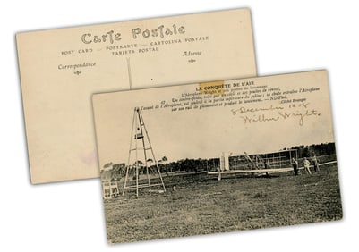Wilbur Wright Signed Postcard, "La Conquête de l'Air," Depicting Le Mans Aviation Demonstration