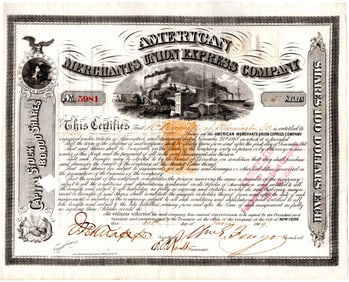 Wm Fargo Signed Beautifully Engraved Early American Express Stock Certificate