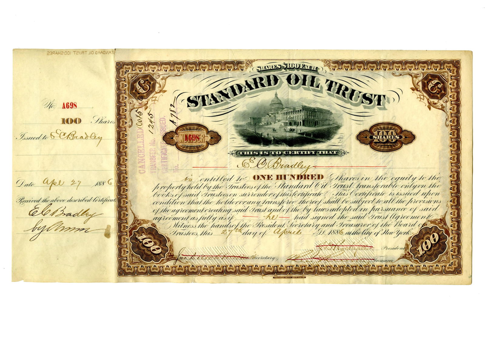 John D. Rockefeller & John Archbold Signed Brown Standard Oil Trust Stock Certificate (1 of 3)