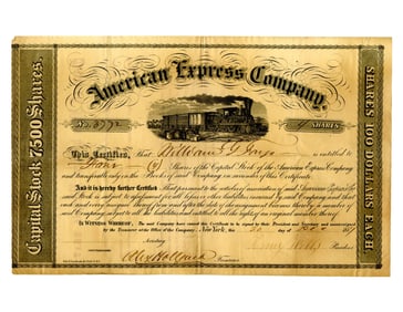 Henry Wells Signed American Express Stock Made Out to Partner William G. Fargo